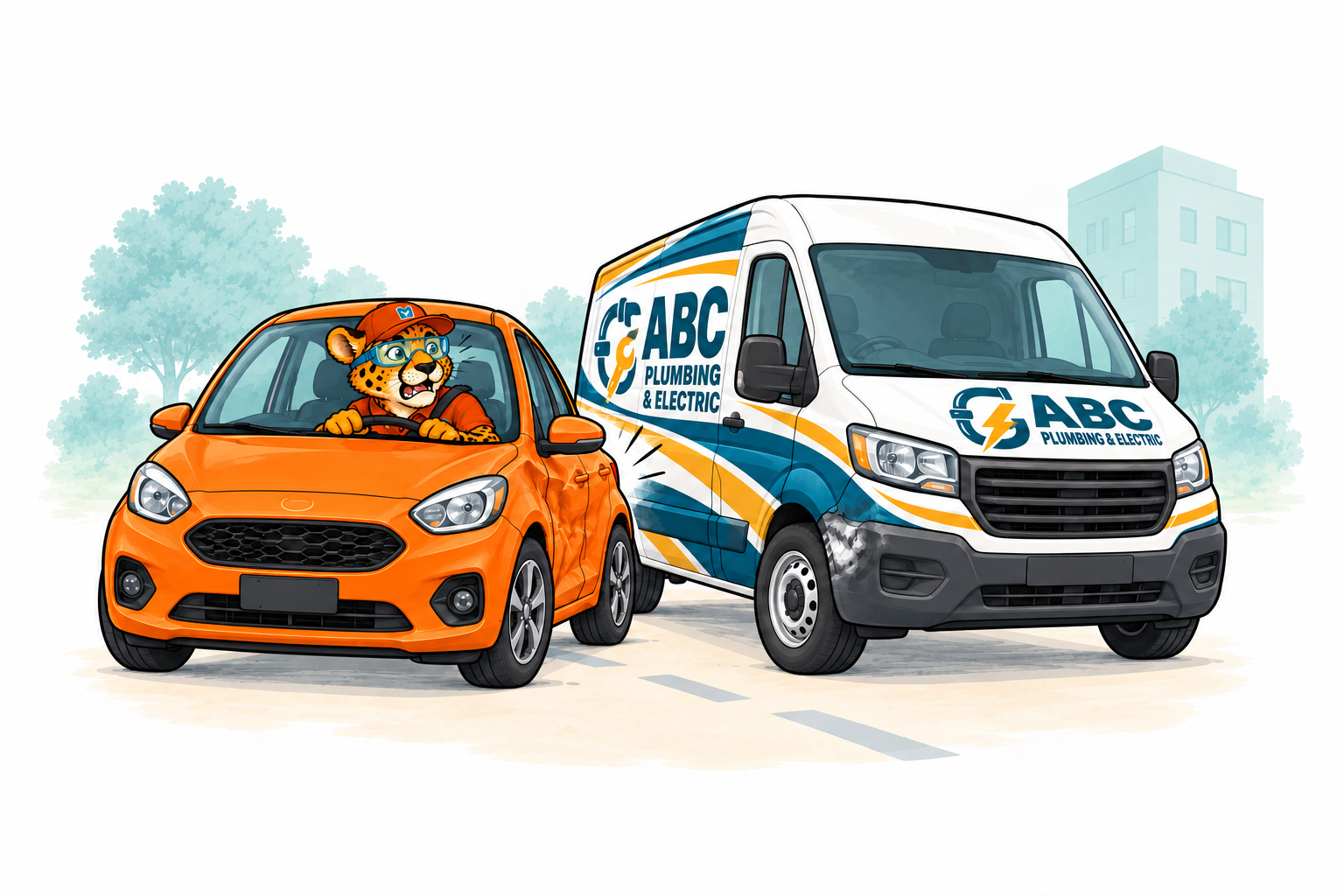 Charlie in an orange car beside a fully visible ABC Plumbing and Electric commercial van