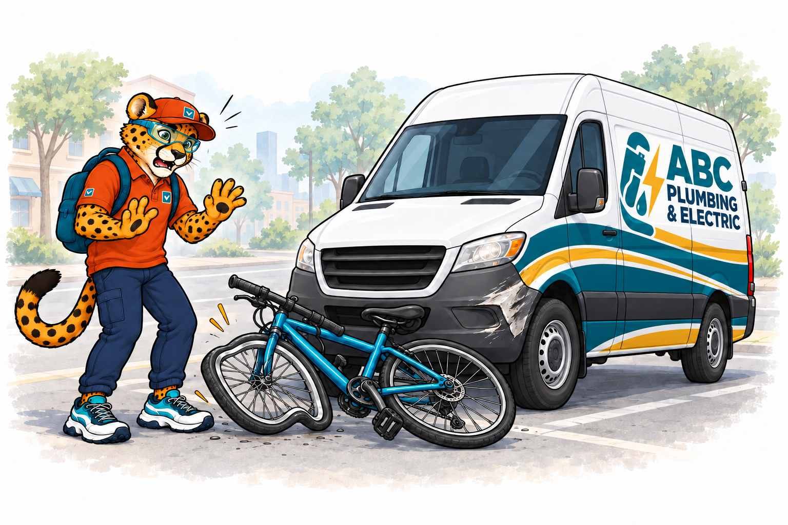 Charlie beside his bicycle and a fully visible ABC Corporation plumbing and electric van