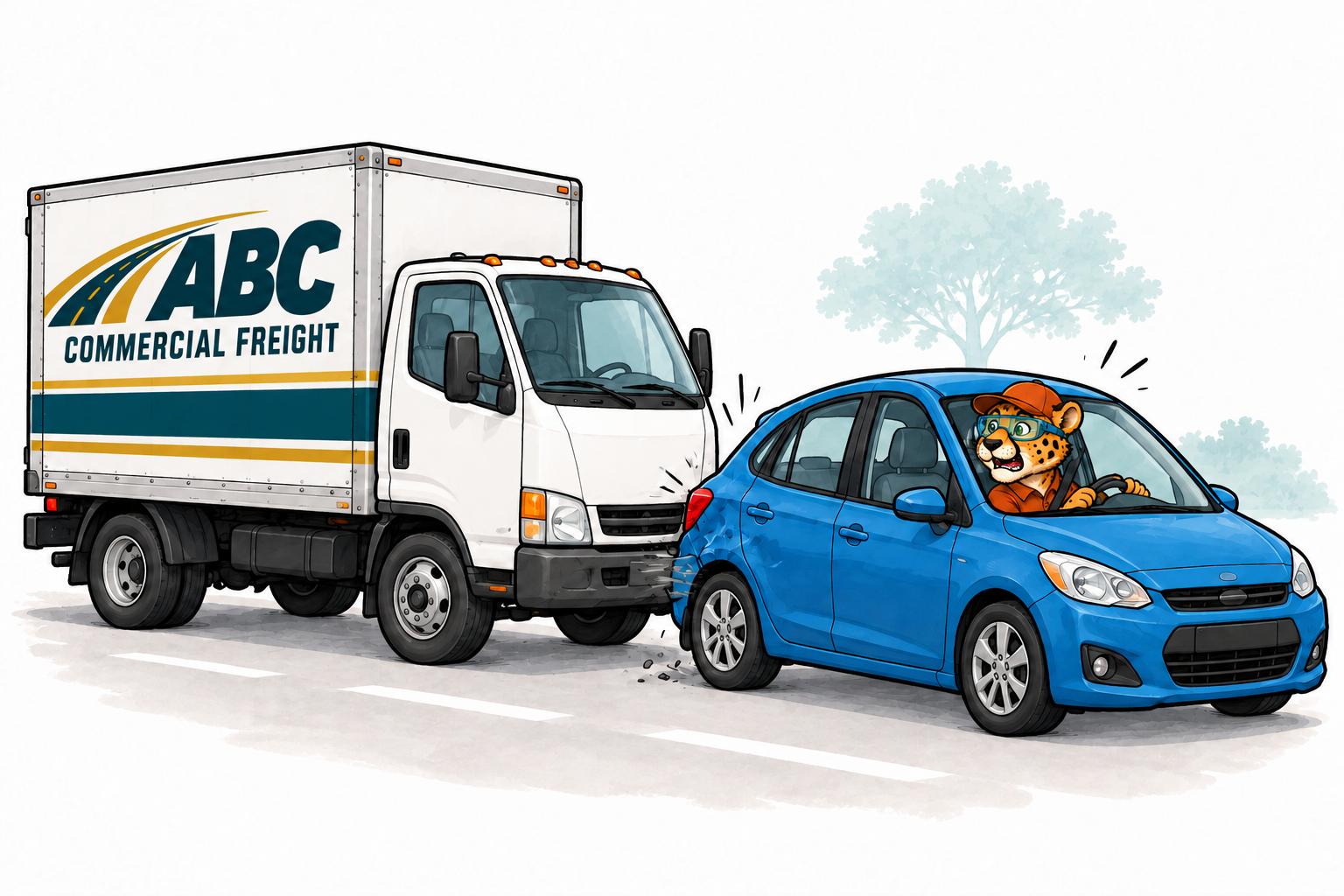 Charlie in a blue car after a rear-end collision with a fully visible ABC commercial freight truck