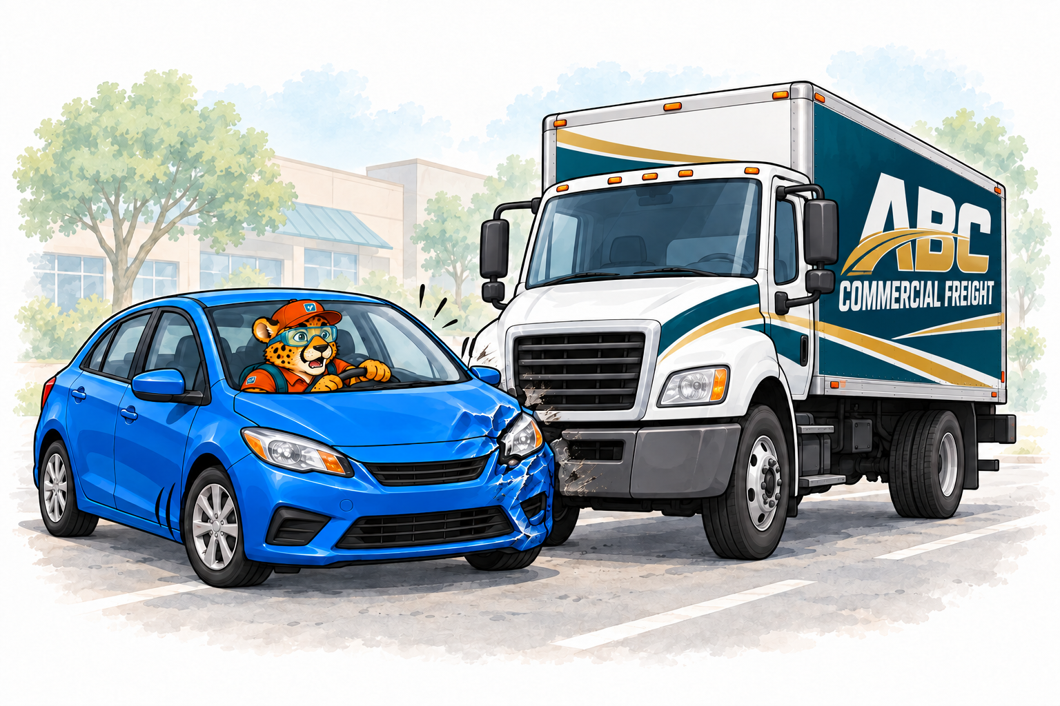 Charlie in a blue car after a collision with a fully visible ABC commercial freight truck