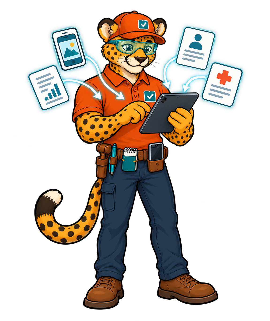 Charlie gathering messages, photos, reports, and medical records on a tablet