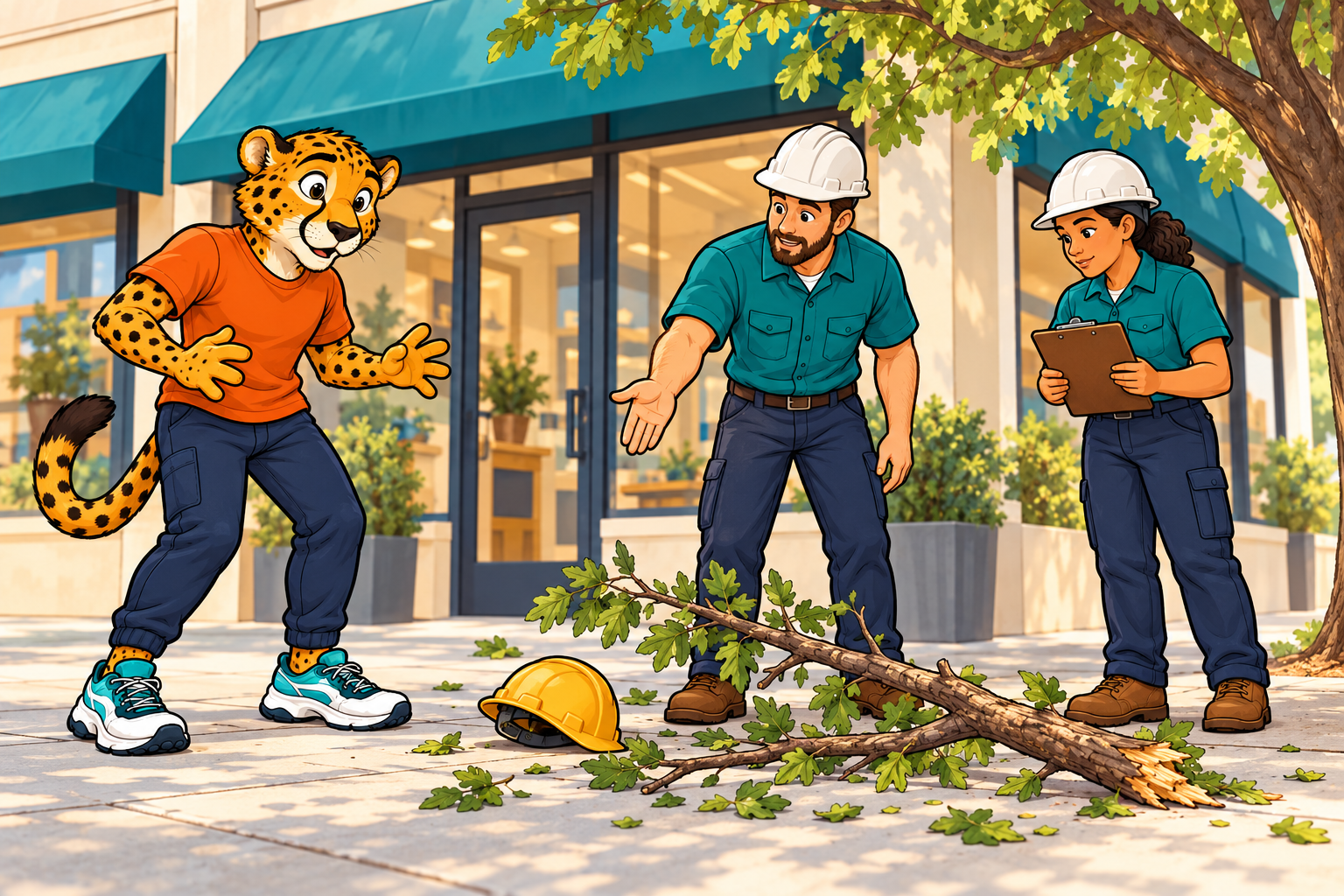 Charlie outside a business beside a fallen tree branch with workers nearby