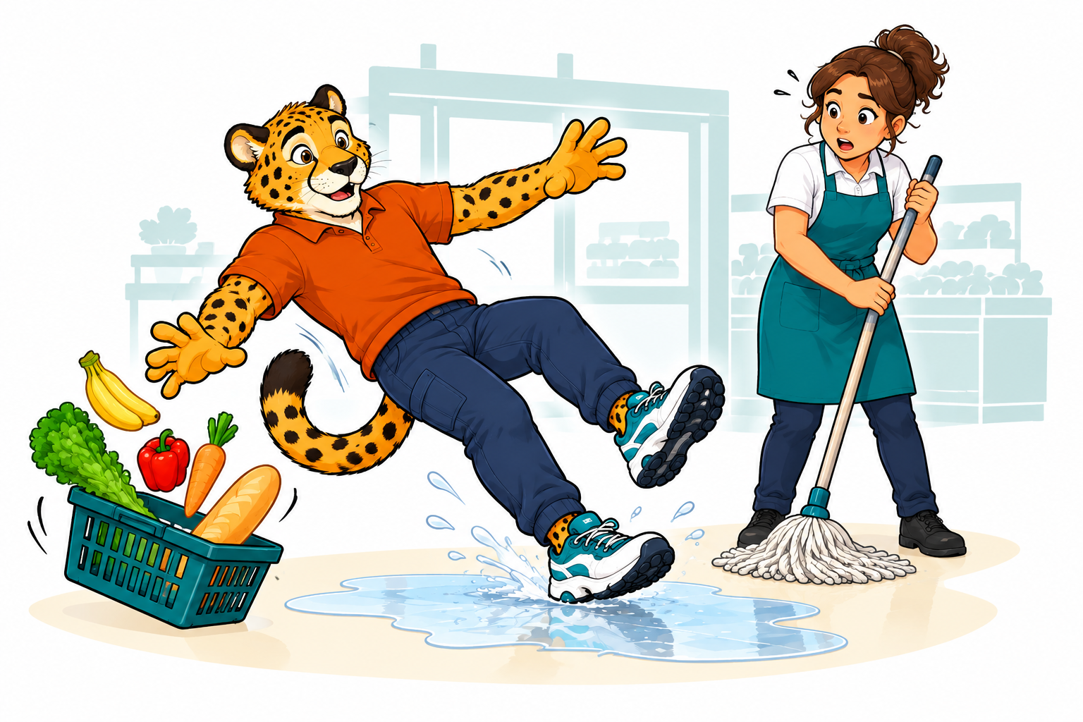 Charlie slipping on a wet grocery store floor while a worker mops and groceries lift from a basket
