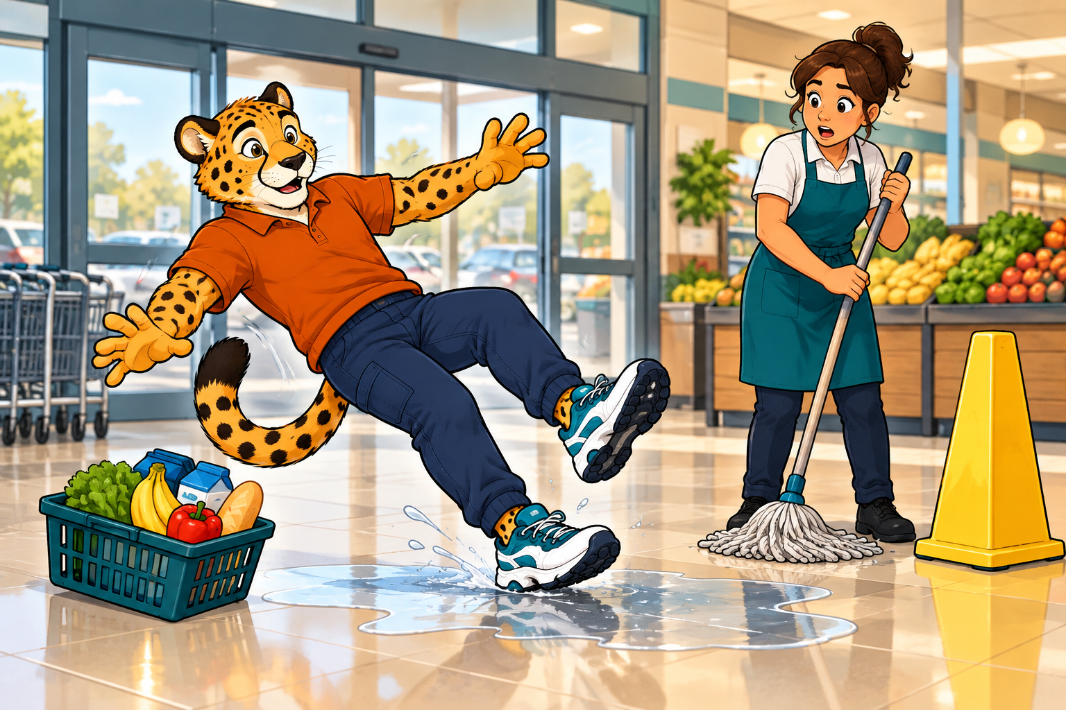 Charlie slipping on a wet grocery store entrance floor while a worker mops nearby
