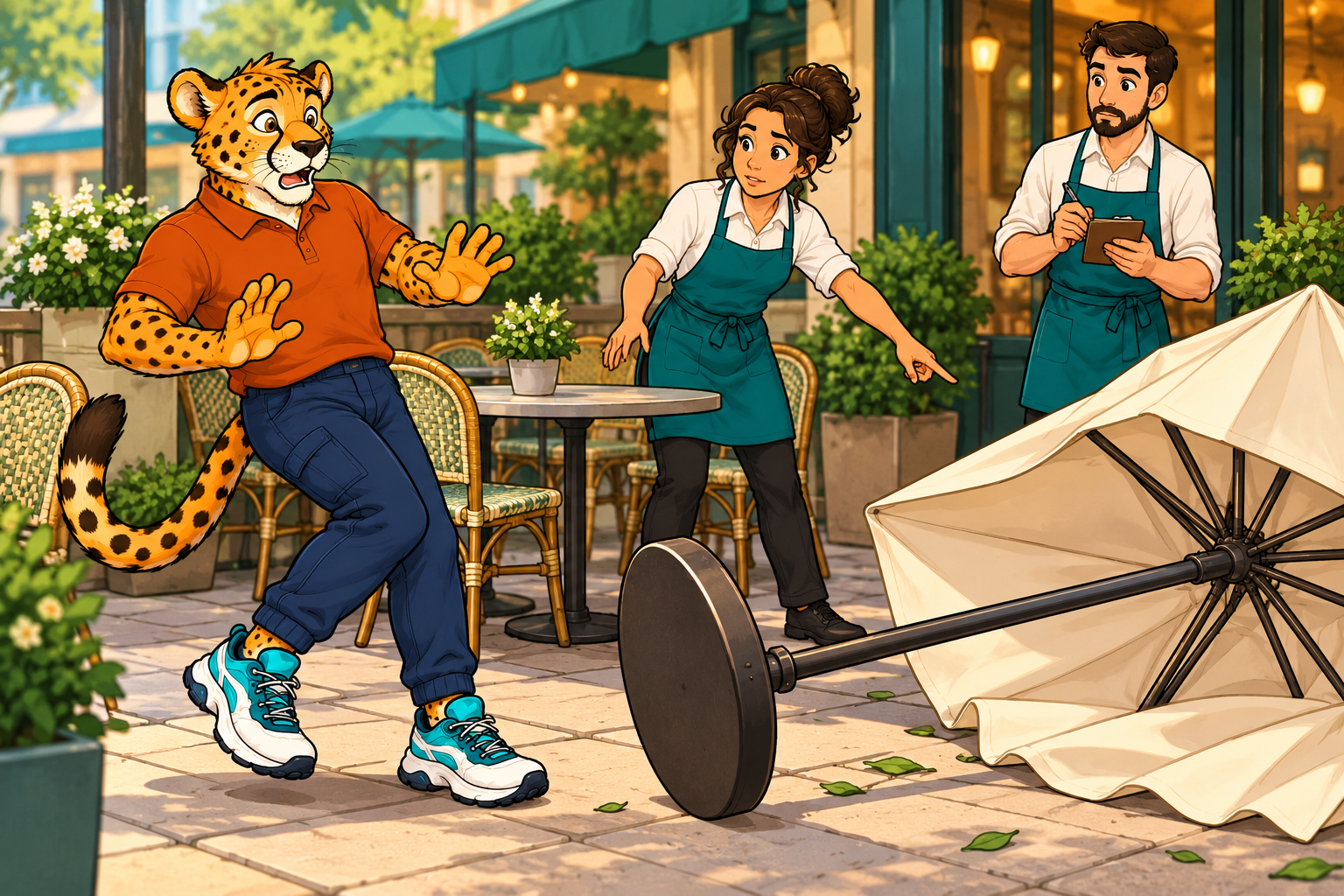 Charlie stepping back from a tipped patio umbrella at a restaurant