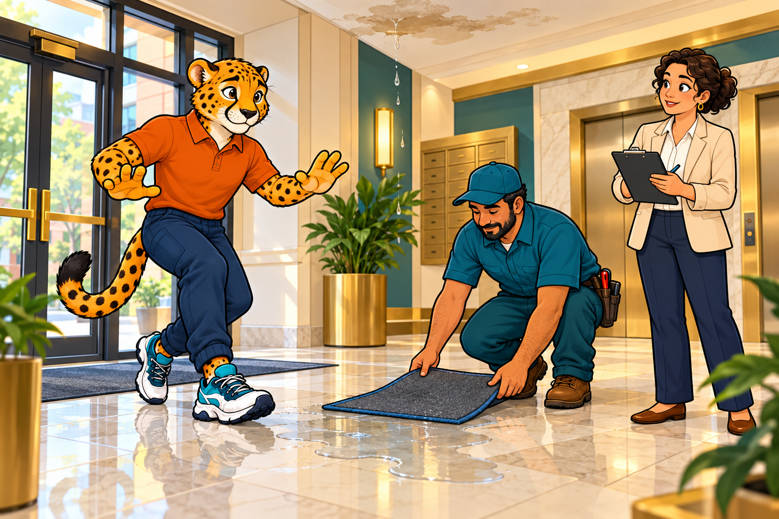 Charlie carefully stepping around water from an apartment lobby ceiling leak