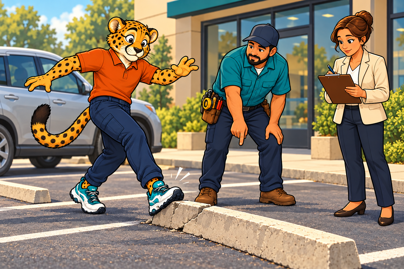 Charlie catching his step near a broken parking lot curb