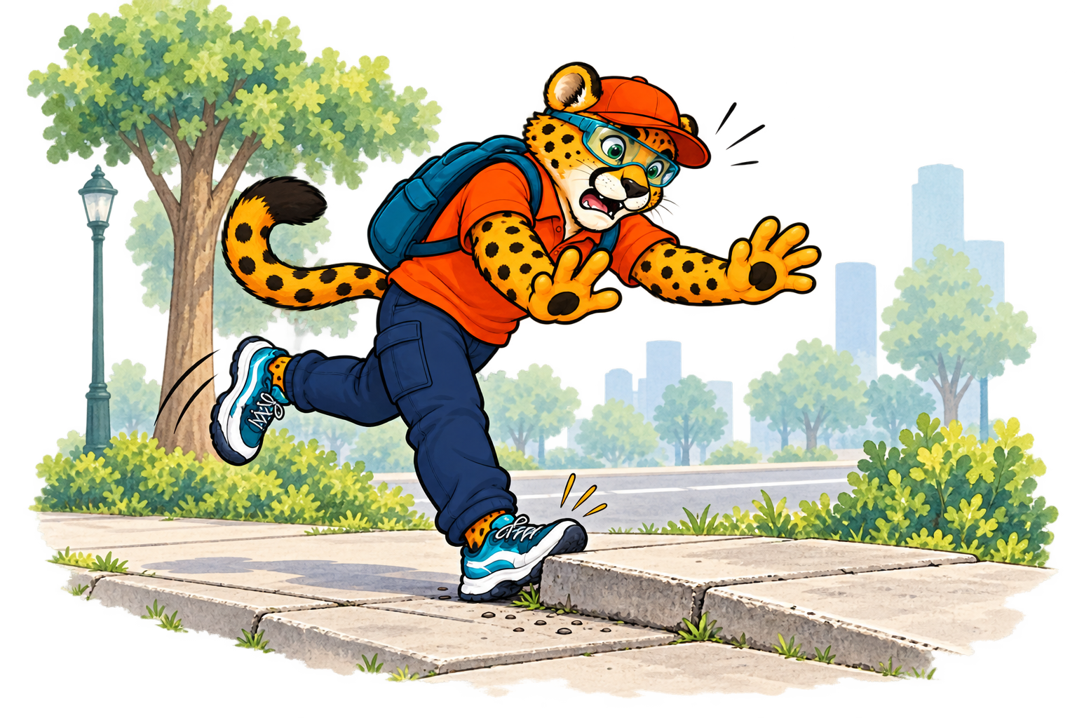 Charlie trips on a raised city sidewalk slab