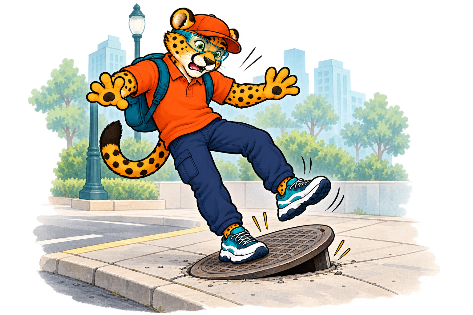 Charlie stumbles on a tilted manhole cover