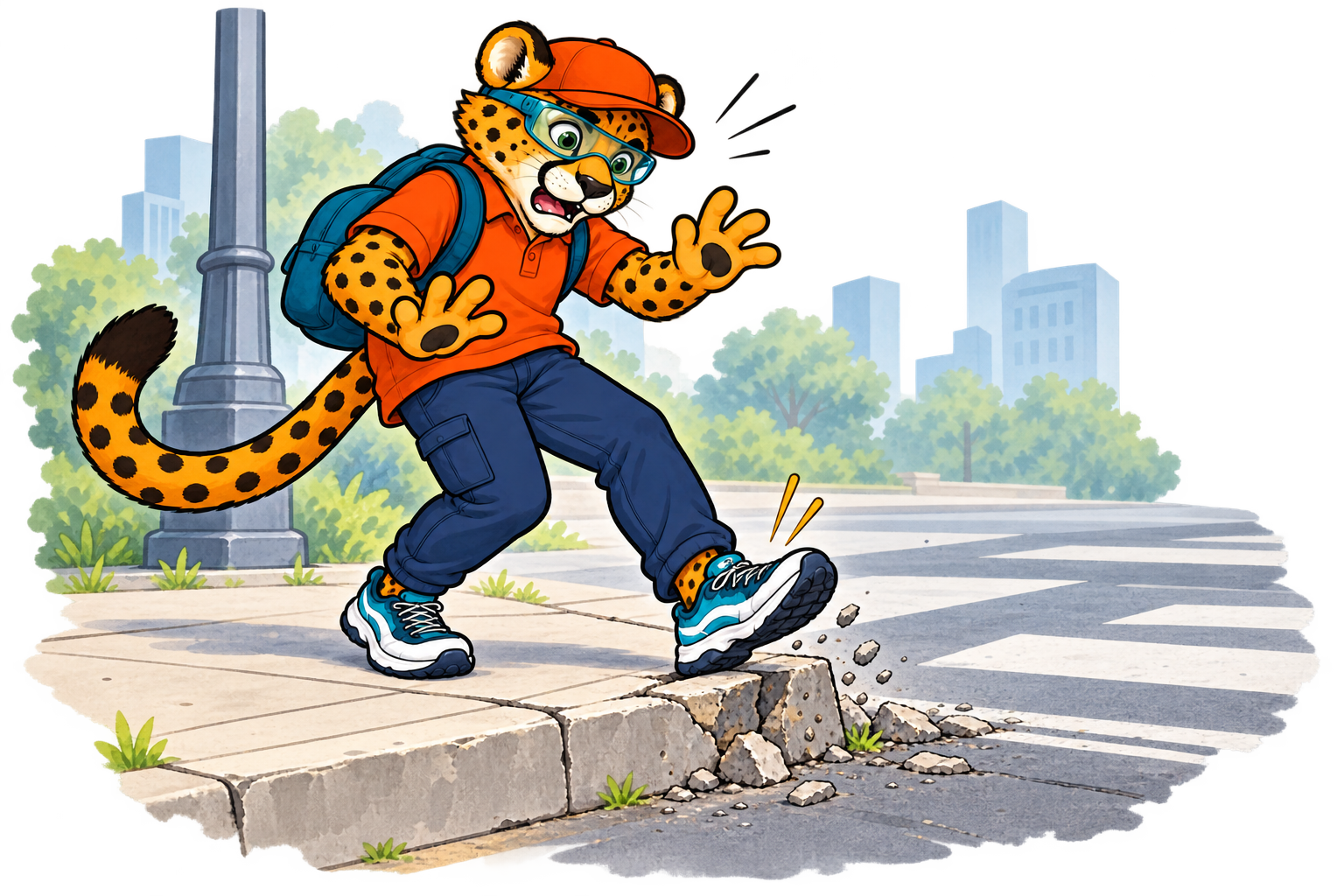 Charlie loses his balance at a broken curb