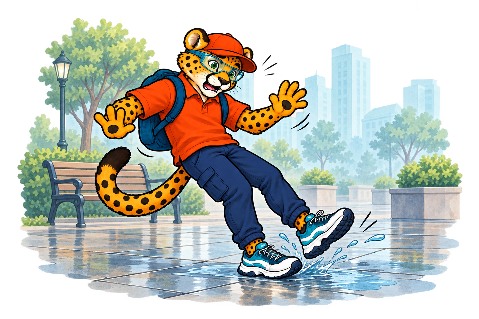 Charlie slips on a rain-slick public plaza
