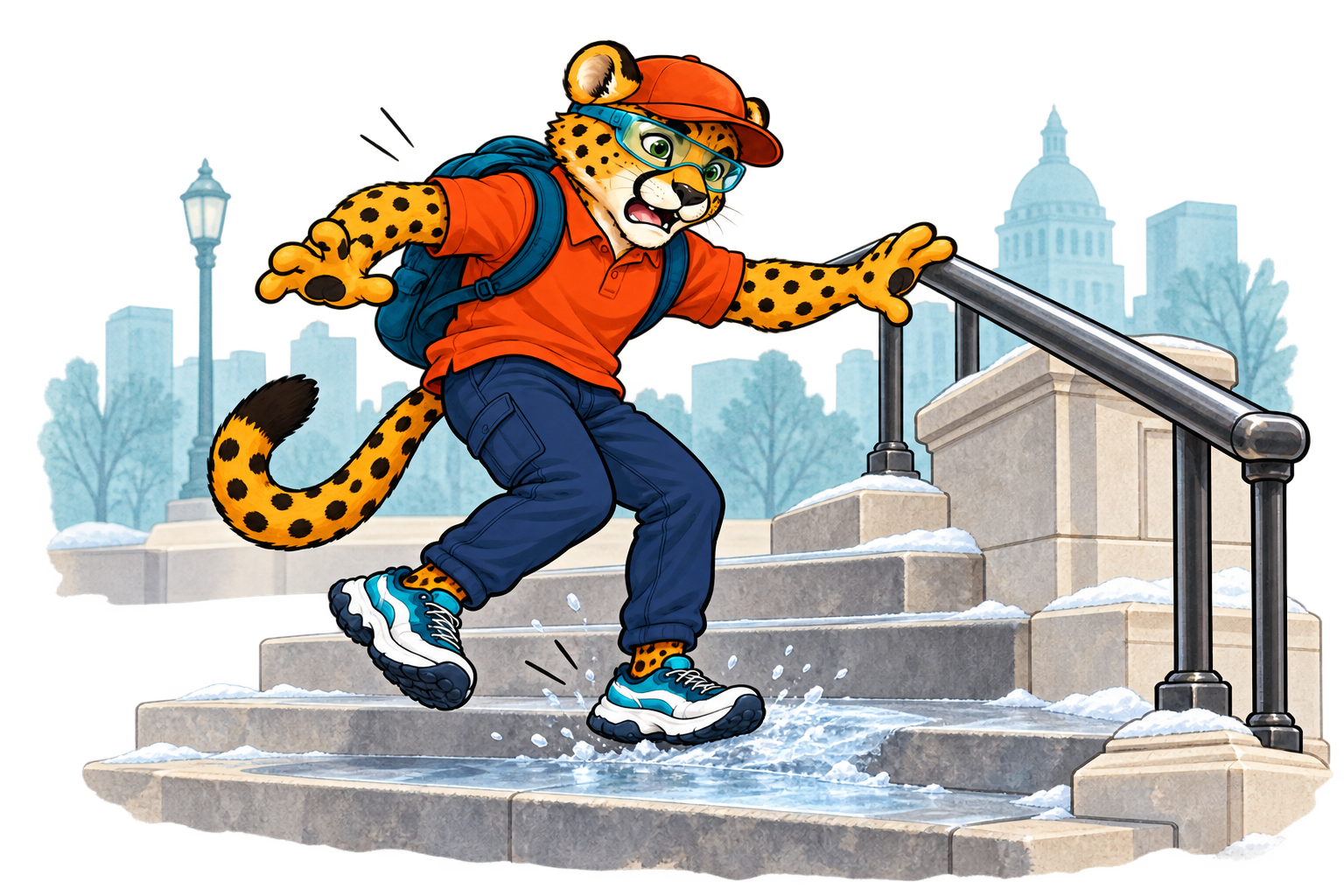 Charlie slips on icy outdoor public steps
